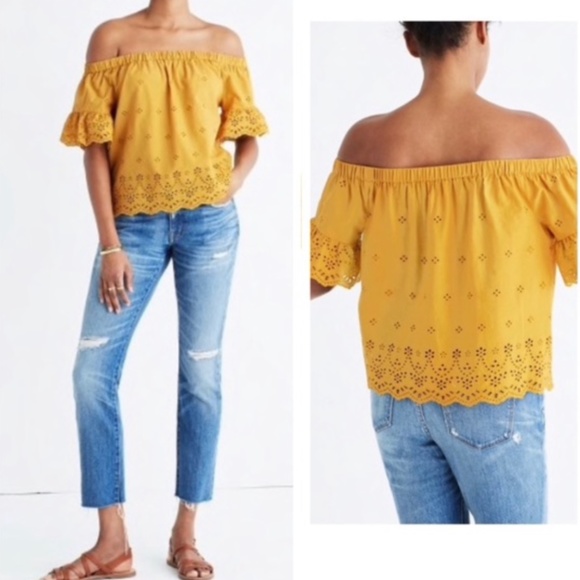 Madewell yellow off the shoulder eyelet top - Picture 1 of 6